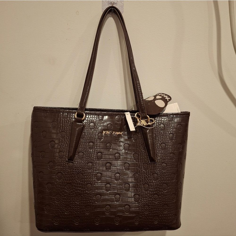 Betsey Johnson XOTOTO Chocolate Skull Tote with Skull Keychain Purse Handbag